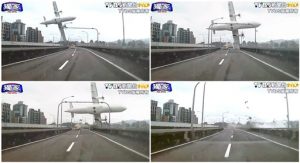 En esta combinación de fotos tomadas de un video suministradopor TVBS se el momento en que un avión taiwanés roa un puente y se precipita a un río el 4 de febrero de 2015 en Taipé. (AP