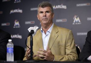 Miami Marlins general manager Dan Jennings speaks during a news conference where he was named manager of the Marlins, Monday, May 18, 2015, in Miami. Jennings replaces Mike Redmond who was fired Sunday after the Marlins were nearly no-hit in a 6-0 loss to the Atlanta Braves that completed a three-game sweep. (AP Photo/Lynne Sladky)