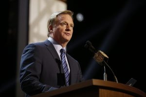 NFL commissioner Roger Goodell addresses the crowd during the first round of the 2015 NFL Draft, Thursday, April 30, 2015, in Chicago.  (Jeff Haynes/AP Images for Panini)