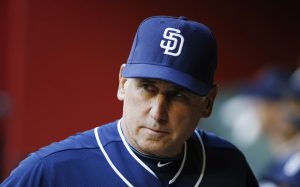 San Diego Padres' Bud Black paces in the dugout prior to a baseball game against the Arizona Diamondbacks Friday, May 8, 2015, in Phoenix. (AP Photo/Ross D. Franklin)