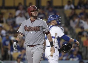 Arizona Diamondbacks' Jarrod Saltalamacchia walks to the dugout after striking out during the ninth inning of a baseball game against the Los Angeles Dodgers, Tuesday, June 9, 2015, in Los Angeles. The Dodgers won 3-1. (AP Photo/Jae C. Hong)