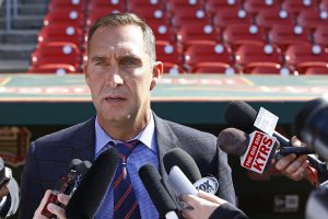 St. Louis Cardinals General Manager John Mozeliak addresses members of the media regarding the condition of Adam Wainwright, prior to a baseball game against the Philadelphia Phillies, Monday, April 27, 2015, in St. Louis. Mozeliak confirmed Wainwright has a torn Achilles and will require season ending surgery. (AP Photo/Billy Hurst)