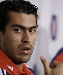 The Chicago Fire's new designated player Nery Castillo answers questions at a news conference, Thursday, July 29, 2010, in Bridgeview, Ill. Castillo comes to the Fire after spending eight seasons with FC Olympiakos where he tallied 30 goals in 105 appearances. (AP Photo/M. Spencer Green)