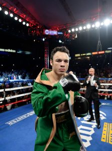 LOS ANGELES, CA - APRIL 18:  Julio Cesar Chavez Jr. is introduced before his fight against Andrzej Fonfara during the WBC light heavyweight title fight at StubHub Center on April 18, 2015 in Los Angeles, California.  Fonfara would win the fight in a ninth round TKO.  (Photo by Harry How/Getty Images)