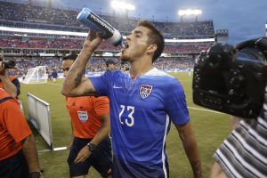United States defender Ventura Alvarado leaves the pitch following a friendly soccer match against Guatemala Friday, July 3, 2015, in Nashville, Tenn. The United States won 4-0. (AP Photo/Mark Humphrey)