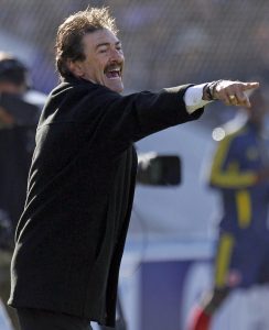 Costa Rica's coach Ricardo Lavolpe, from Argentina,  gives instructions during a Copa America soccer match against Colombia  in Salvador de Jujuy Argentina, Saturday, July 2, 2011. (AP Photo/Dolores Ochoa)