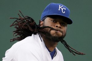 Kansas City Royals starting pitcher Johnny Cueto throws during the first inning of a baseball game against the Detroit Tigers Tuesday, Sept. 1, 2015, in Kansas City, Mo. (AP Photo/Charlie Riedel)
