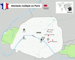 Mapa de los ataques perpetrados este viernes por la noche en París, en donde Tiroteos y explosiones en diversas áreas de la ciudad dejaron decenas de heridos y muertos en la capital francesa. Foto: Notimex 