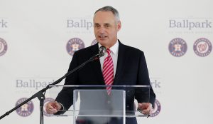 Major League Baseball commissioner Rob Manfred speaks during a groundbreaking ceremony for the future home of the Houston Astros and the Washington Nationals spring training facility on Monday, Nov. 9, 2015, in West Palm Beach, Fla. (AP Photo/Steve Mitchell)