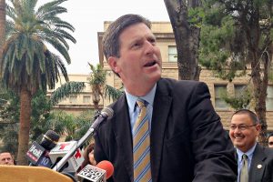 Phoenix Mayor Greg Stanton speaks during a press conference opposing a measure outlawing early ballot collection efforts outside the Arizona Capitol on Monday, Feb. 1, 2016, in Phoenix. (AP Photo/Ryan VanVelzer)