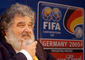 FILE - In this Feb. 14, 2005 file photo, Confederation of North, Central American and Caribbean Association Football (CONCACAF) general secretary Chuck Blazer attends a press conference in Frankfurt, Germany. Blazer, a former FIFA executive committee member, told a U.S. federal judge he and others on the governing body's ruling panel agreed to receive bribes as part of the vote that picked South Africa to host the 2010 World Cup, according to a transcript of the 2013 hearing in U.S. District Court in Brooklyn unsealed by prosecutors Wednesday, June 3, 2015. (AP Photo/Bernd Kammerer, File)