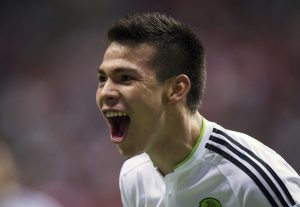 El jugador de la selección de México, Hirving Lozano, festeja un gol contra Canadá por las eliminatorias mundialistas el viernes, 25 de marzo de 2016, en Vancouver, Canadá. (Darryl Dyck/The Canadian Press via AP) MANDATORY CREDIT